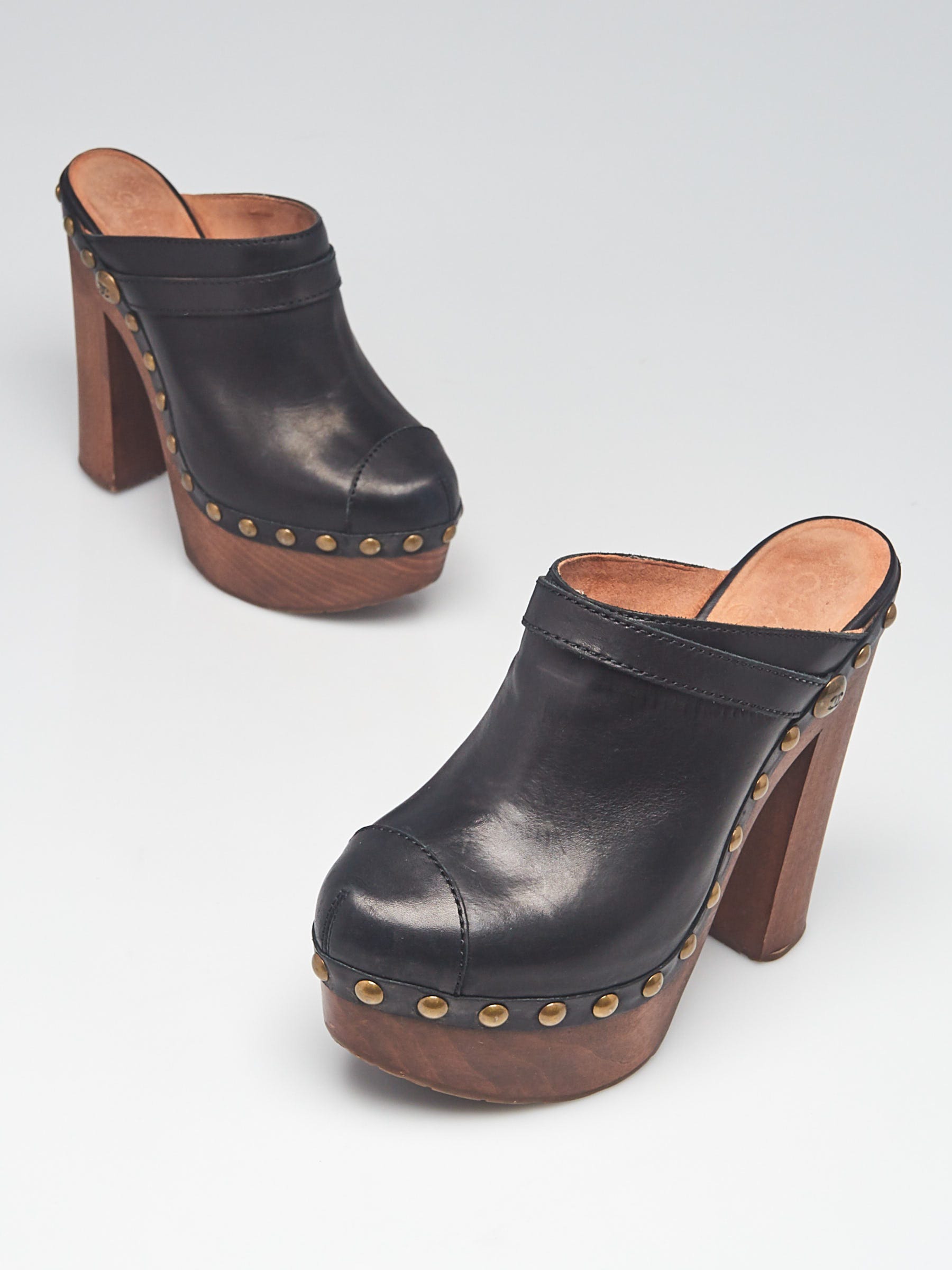 Chanel Black Leather Studded Platform Mule Clogs Size 6/36.5
