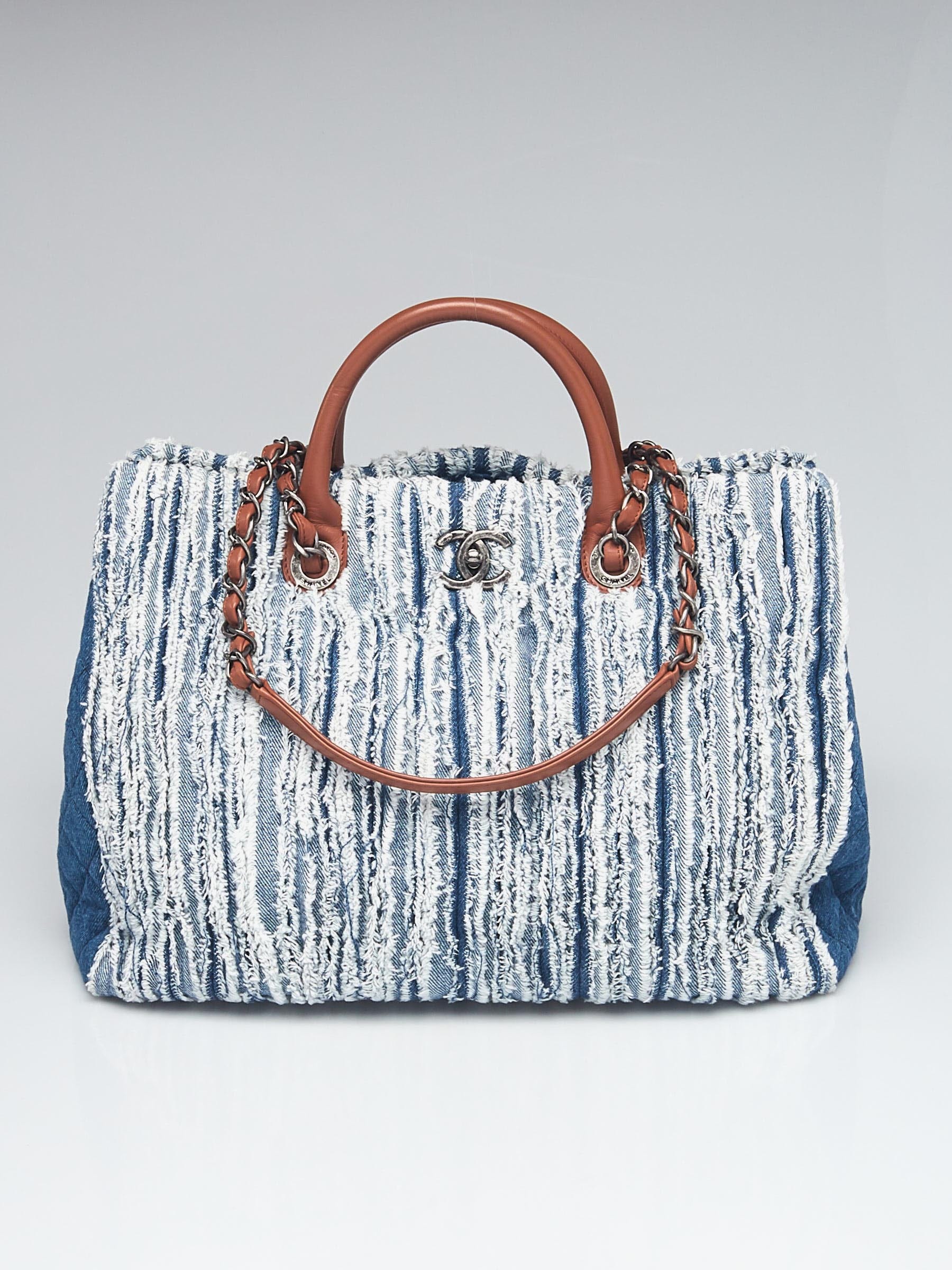 Chanel Large Deauville Shopping Bag Distressed Blue Denim Silver