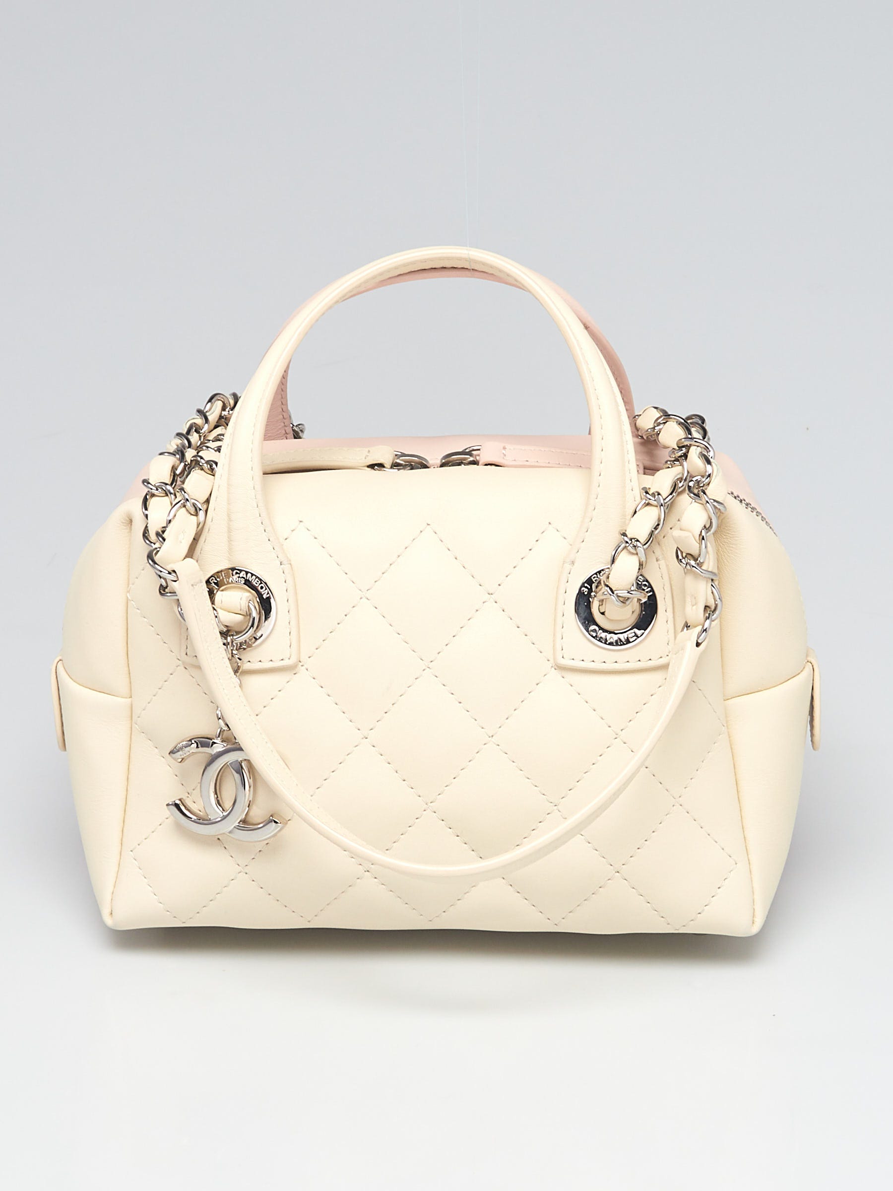 Chanel PinkIvory Quilted Calfskin Leather Featherweight Mini Bowling Bag   Yoogis Closet