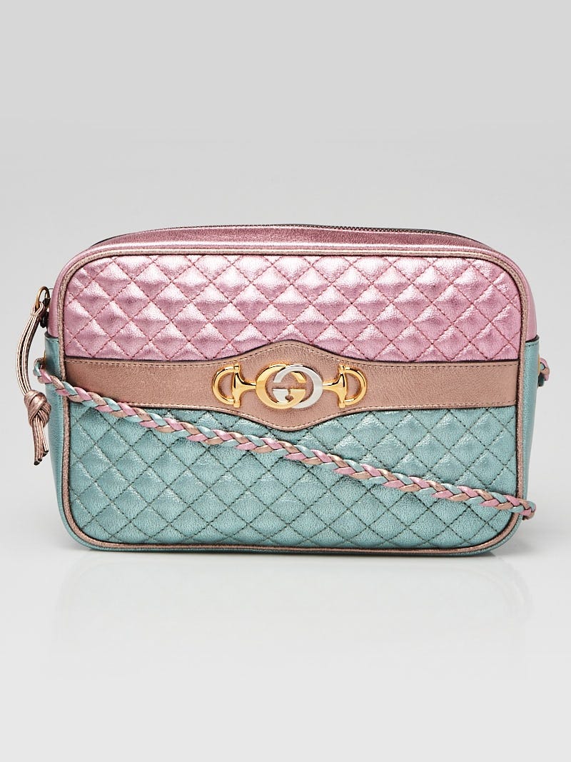 Gucci Pink/Green Quilted Metallic Leather Trapuntata Crossbody Bag