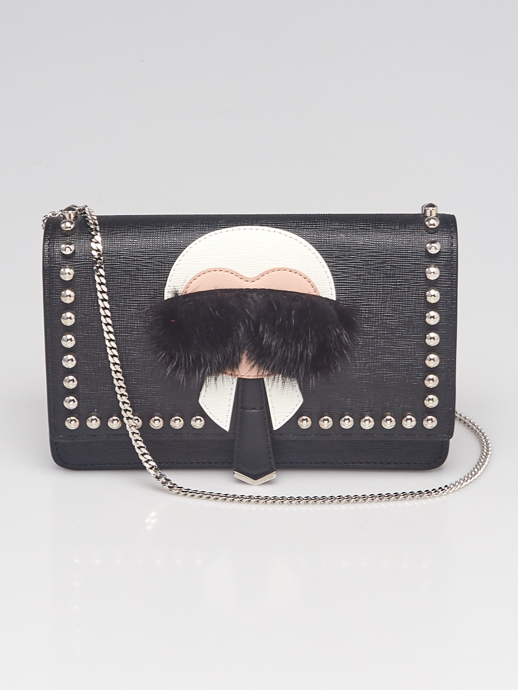 Fendi Black Leather Studded Wallet On Chain Fendi