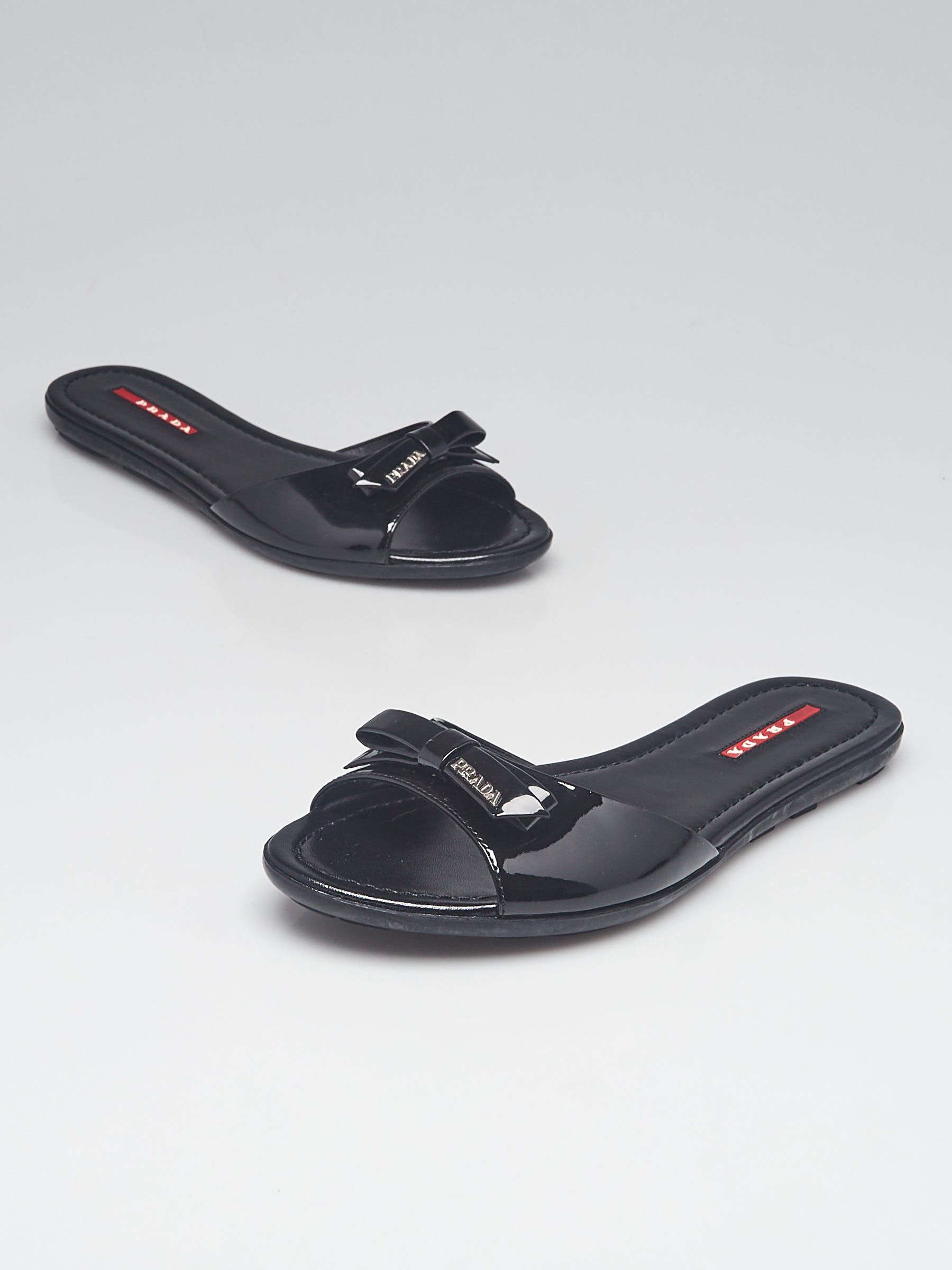 Prada Black Patent Leather Bow Flat Slide Sandals Size /37 - Yoogi's  Closet