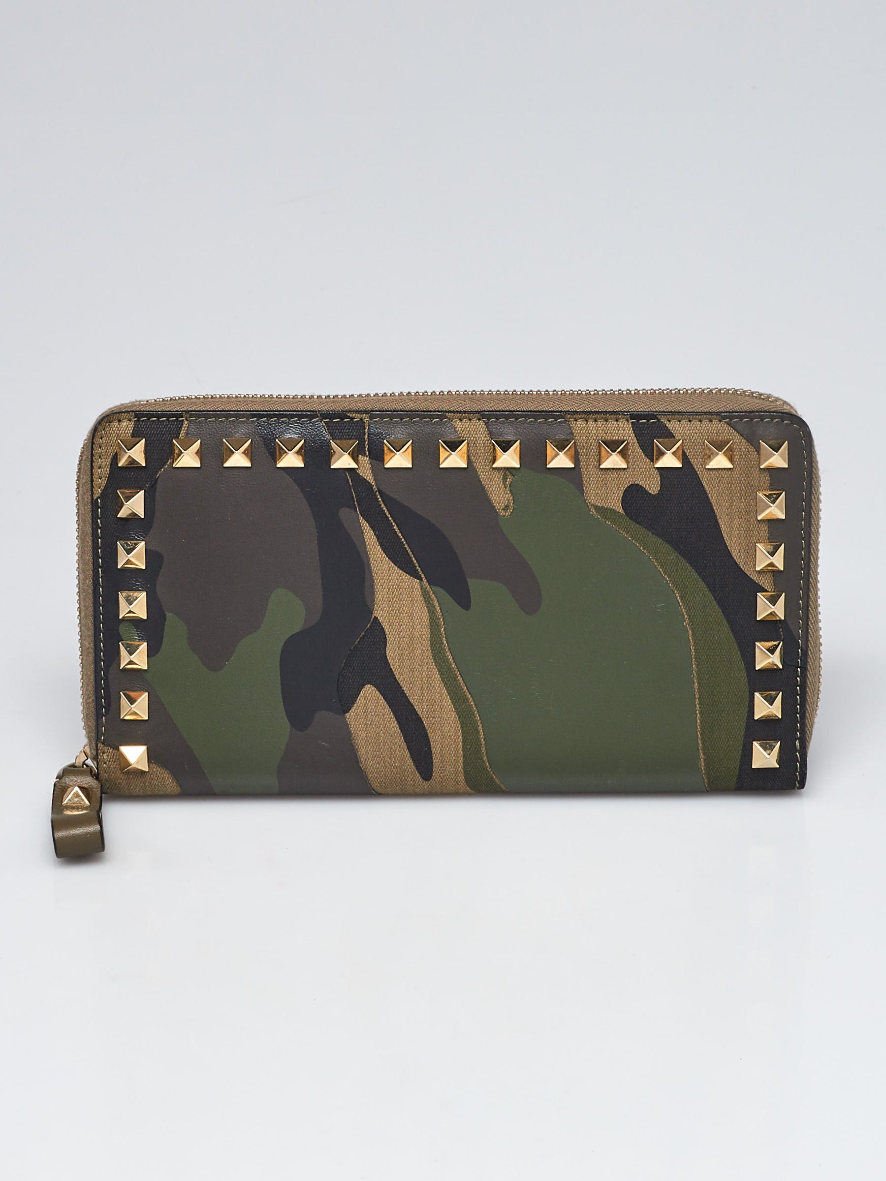 Valentino Green Camo Leather and Canvas Rockstud Continental Zip