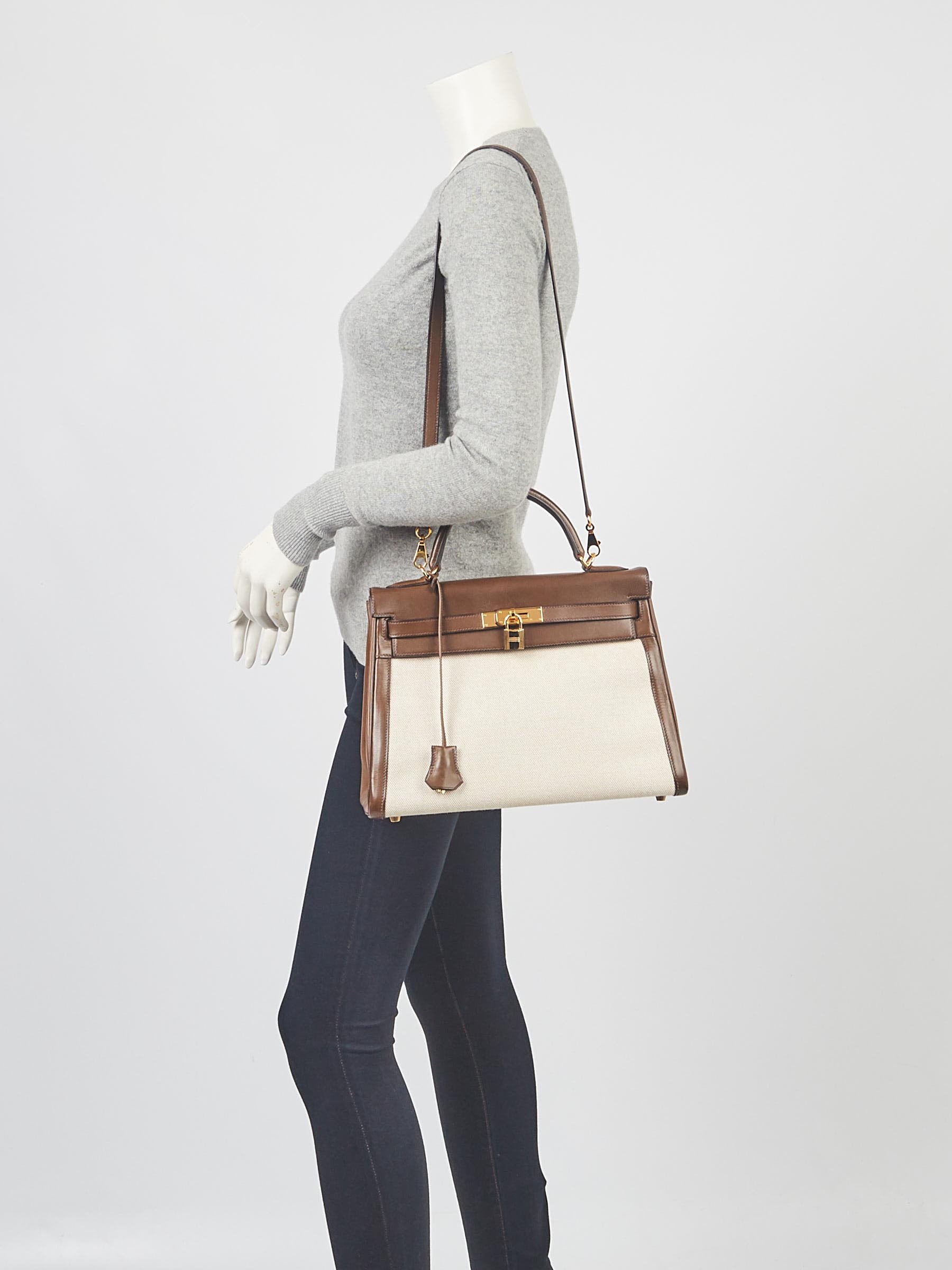 Hermes 32cm Vert Olive Barenia Leather and Toile Gold Plated Kelly Retourne  Bag - Yoogi's Closet
