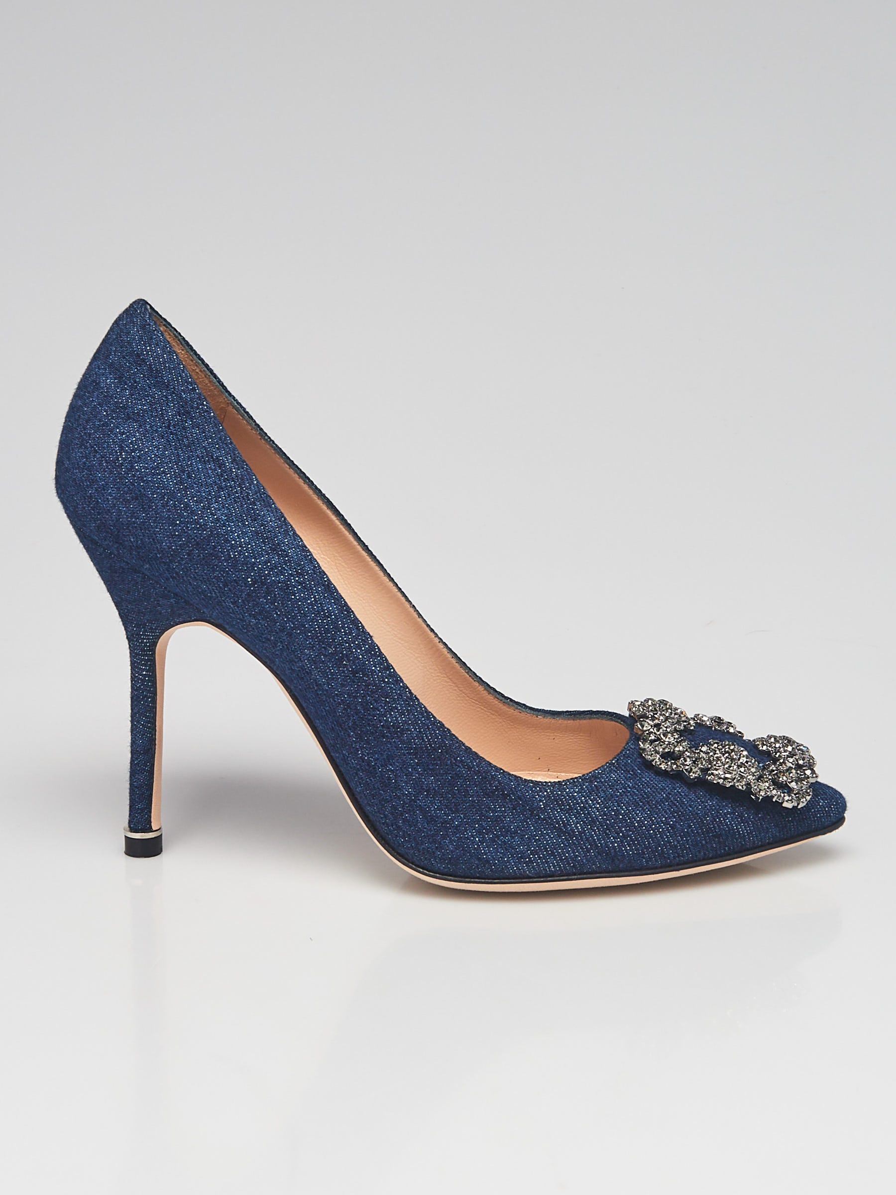 Manolo Blahnik Denim and Crystal Buckle Hangisi 105 Pumps
