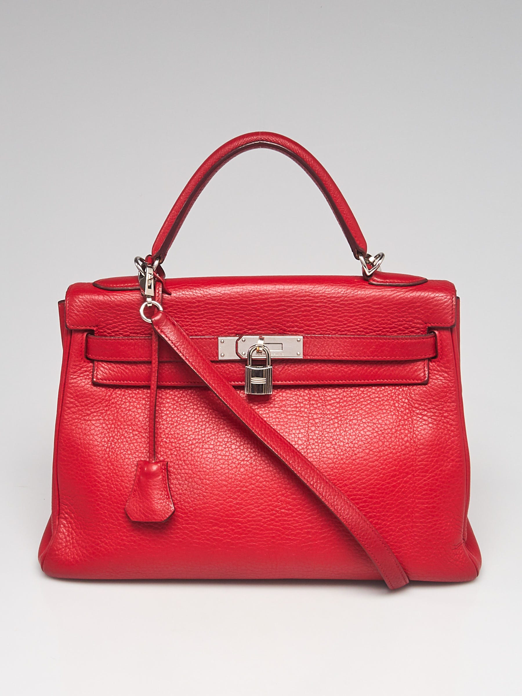 Hermes Kelly 32 Retourne Bag Tasche Rouge Casaque Clemence Leather Palladium
