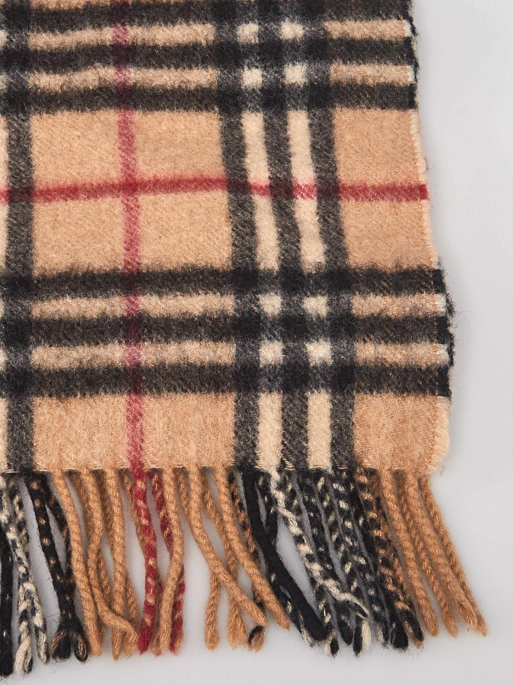 Burberry Beige Cashmere Vintage Check Fringe Scarf | Yoogi's