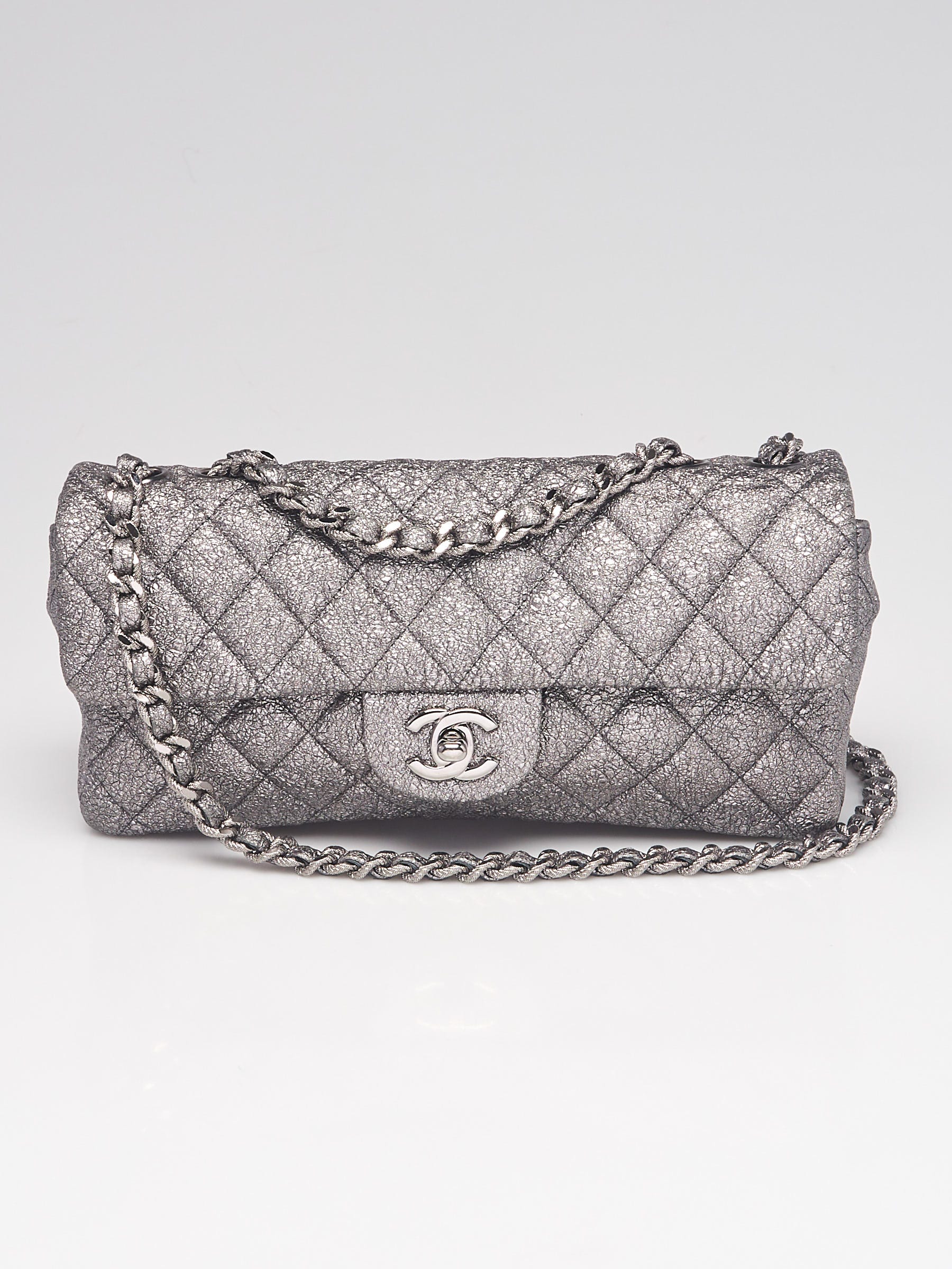 Chanel Silver Metallic Quilted Textured Leather East/West Flap Bag - Yoogi's  Closet