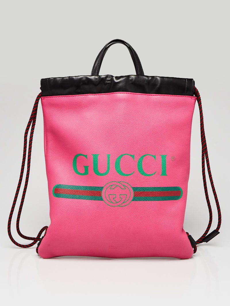 Gucci Pink Leather Printed Drawstring Backpack Bag - Yoogi's Closet