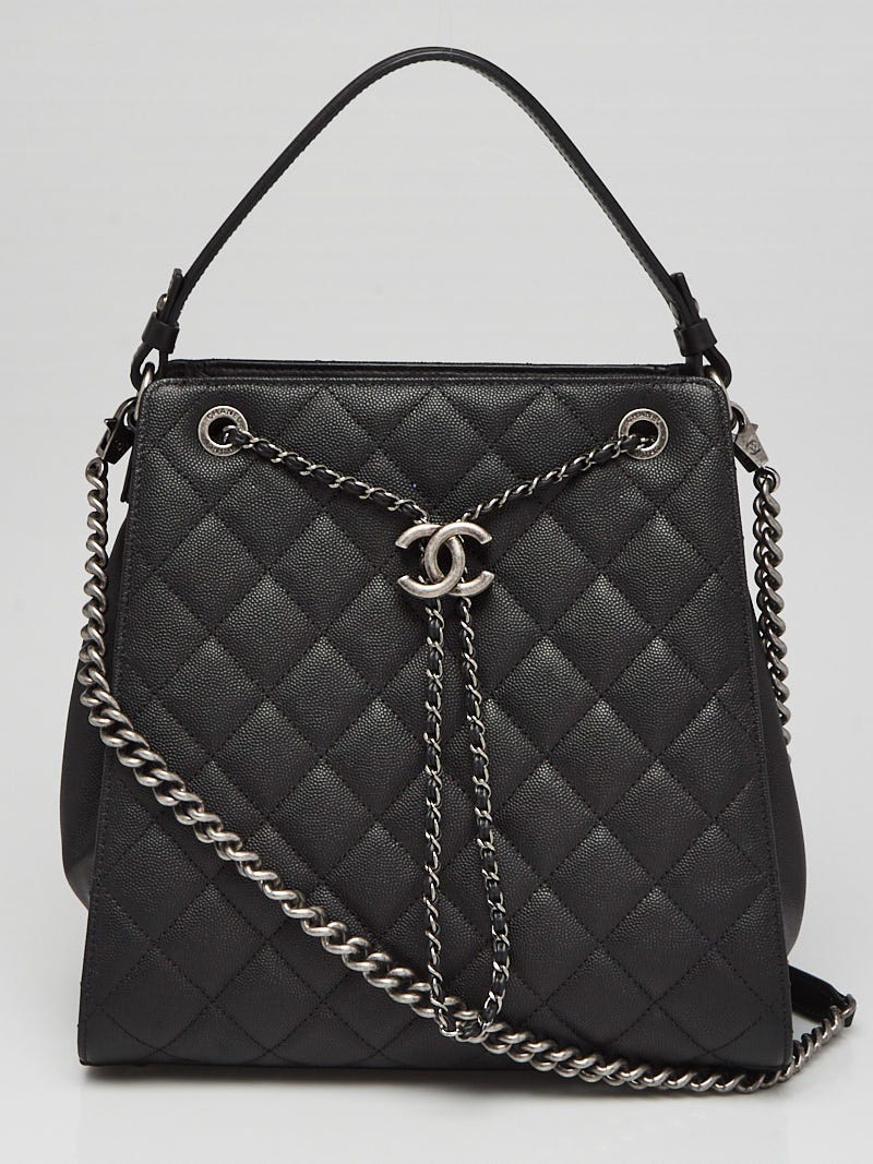 Chanel Black Quilted Caviar Leather CC Large Accordion Bucket Bag