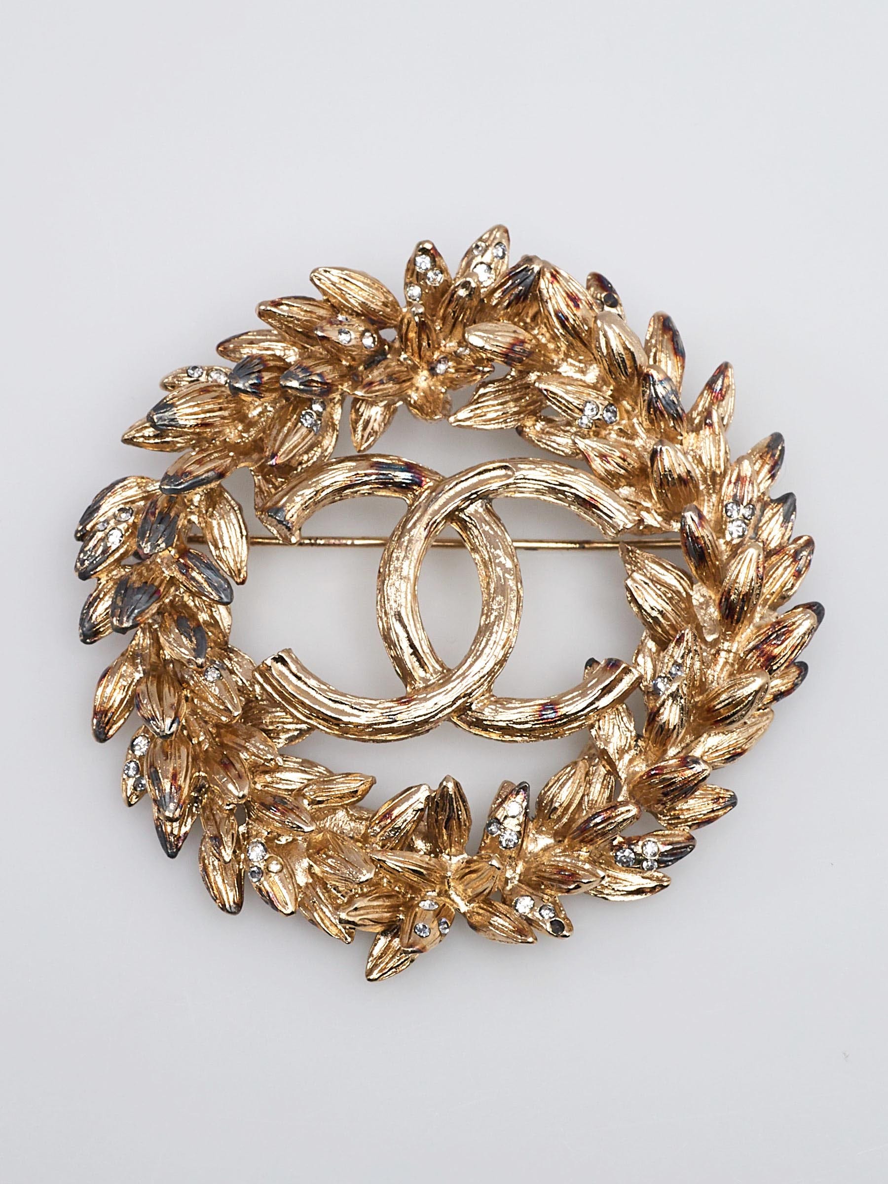 Chanel Goldtone Metal CC Crystal Wreath Brooch - Yoogi's Closet