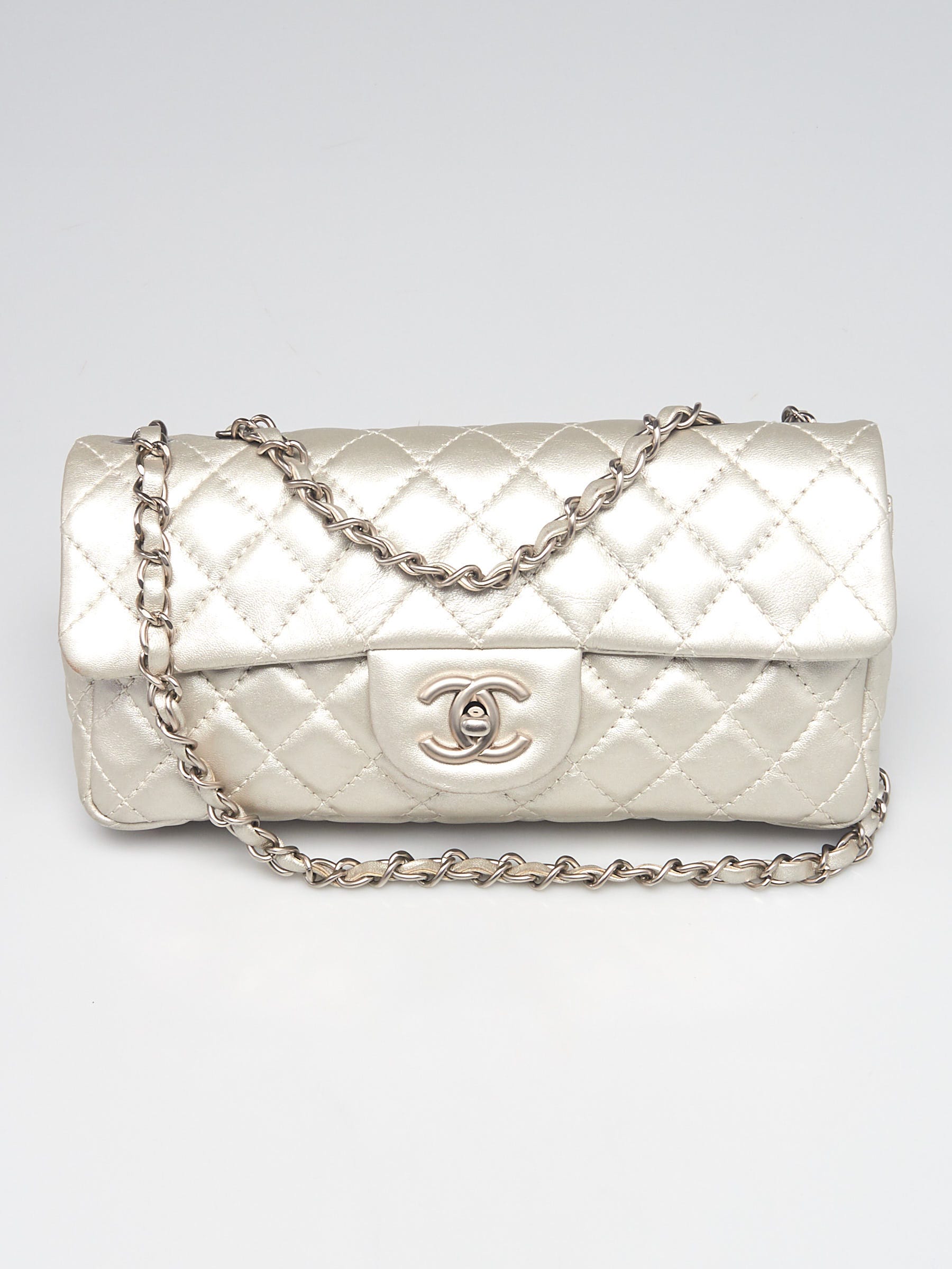 Chanel Silver Quilted Washed Lambskin Leather East/West Flap Bag - Yoogi's  Closet