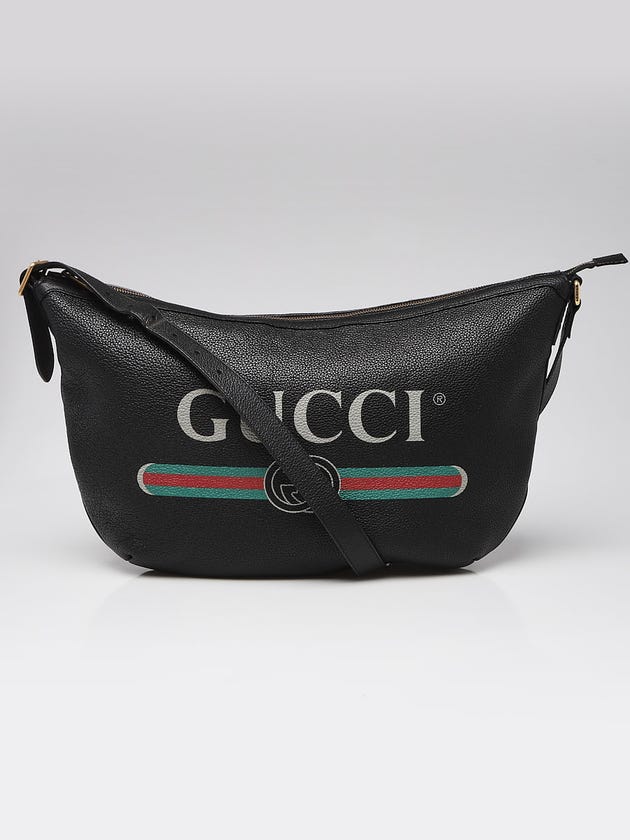 Gucci Black Pebbled Leather Logo Print Half Moon Hobo Bag