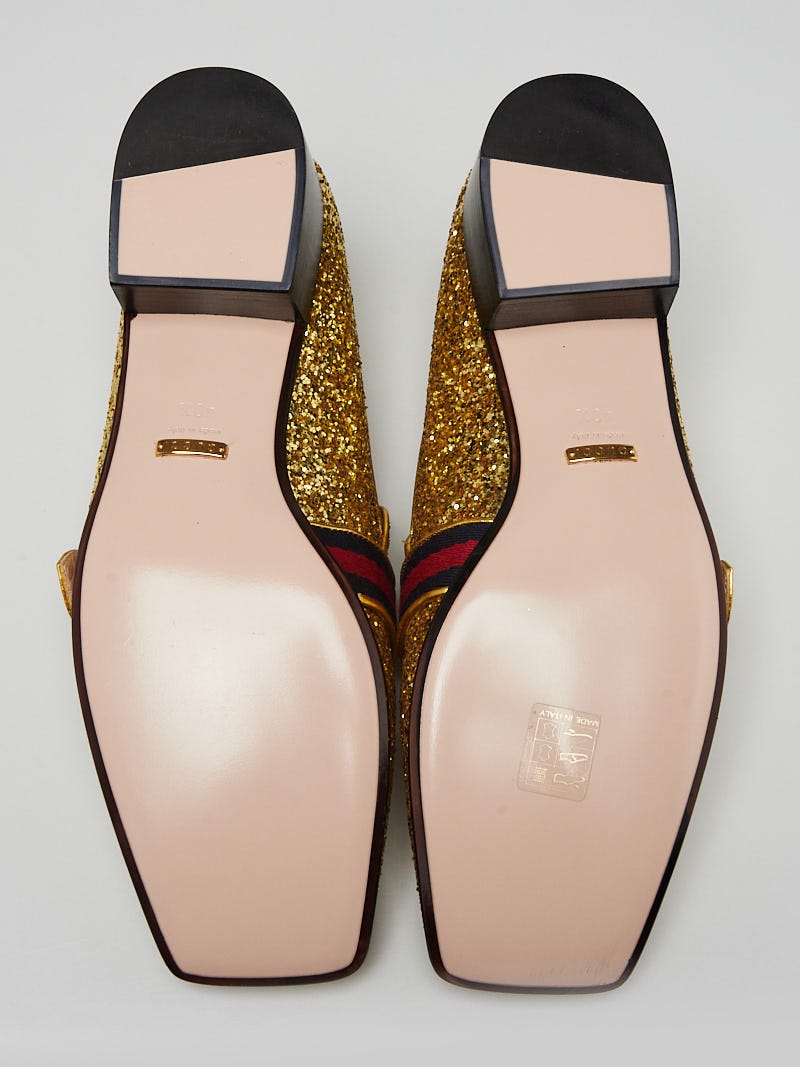 Gucci Gold Glitter Leather Peyton Marmont Mid-Heel Loafers