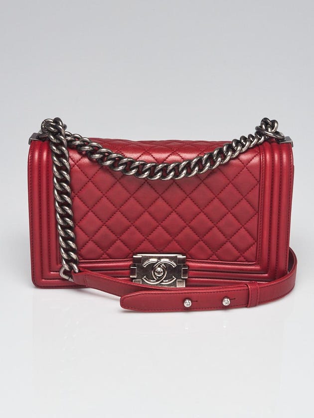 Chanel Red Quilted Lambskin Leather Medium Boy Bag