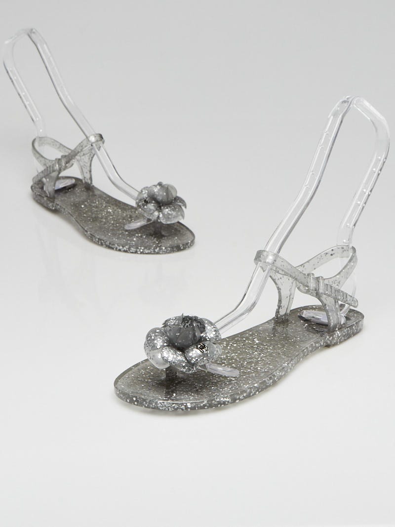 Chanel Silver Glitter Rubber Jelly Camellia Flat Sandals Size 7.5