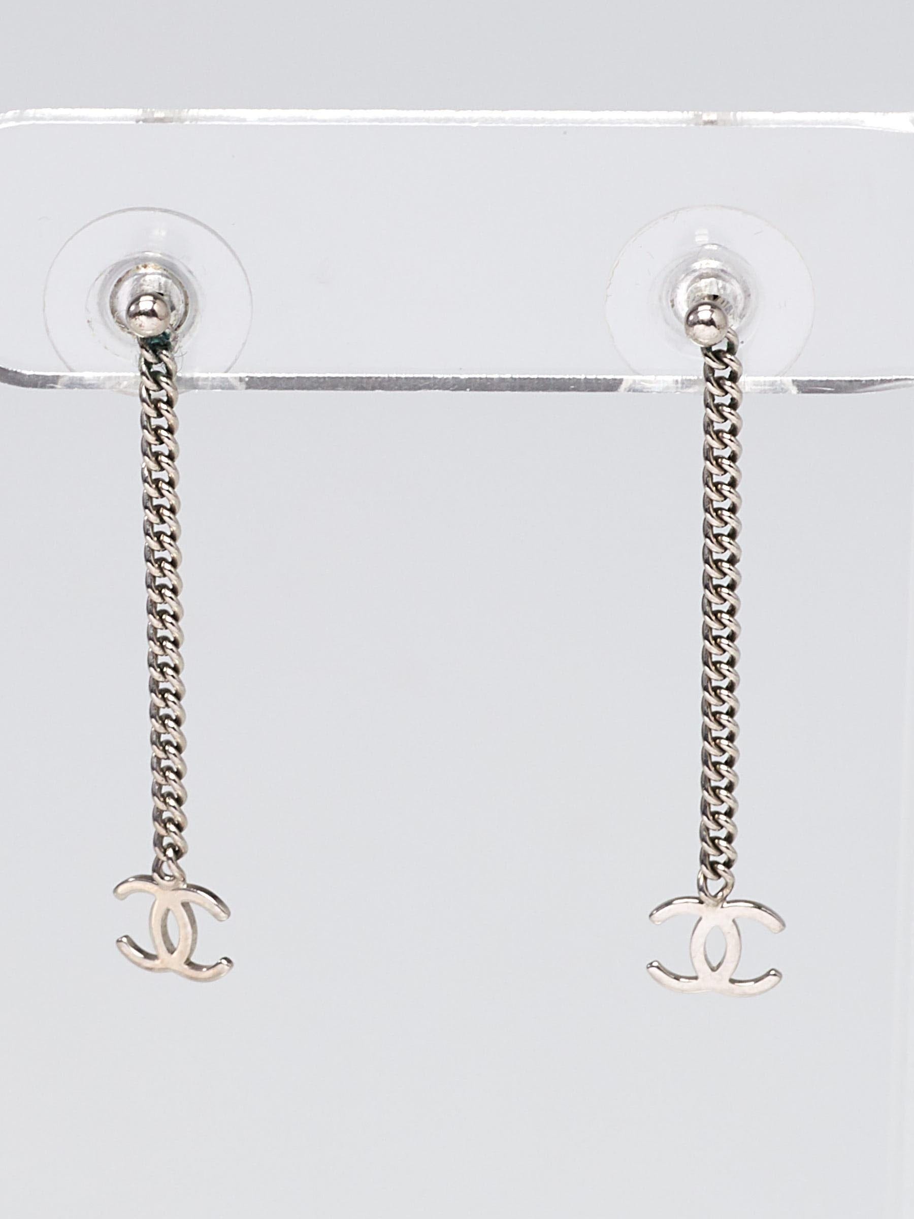 Chanel Silver/Blue CC Logo Drop Earrings - Yoogi's Closet