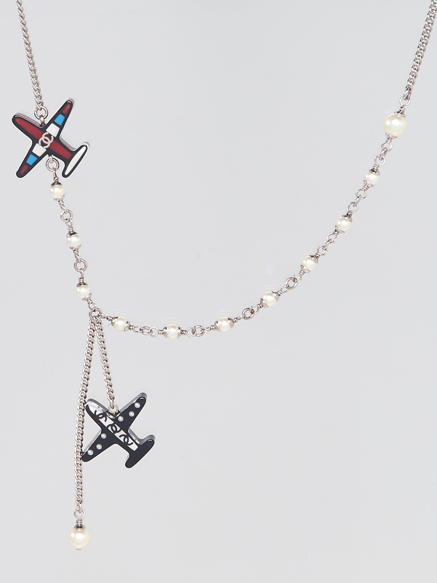 Chanel Multicolor Resin Silvertone Metal Airplane Necklace