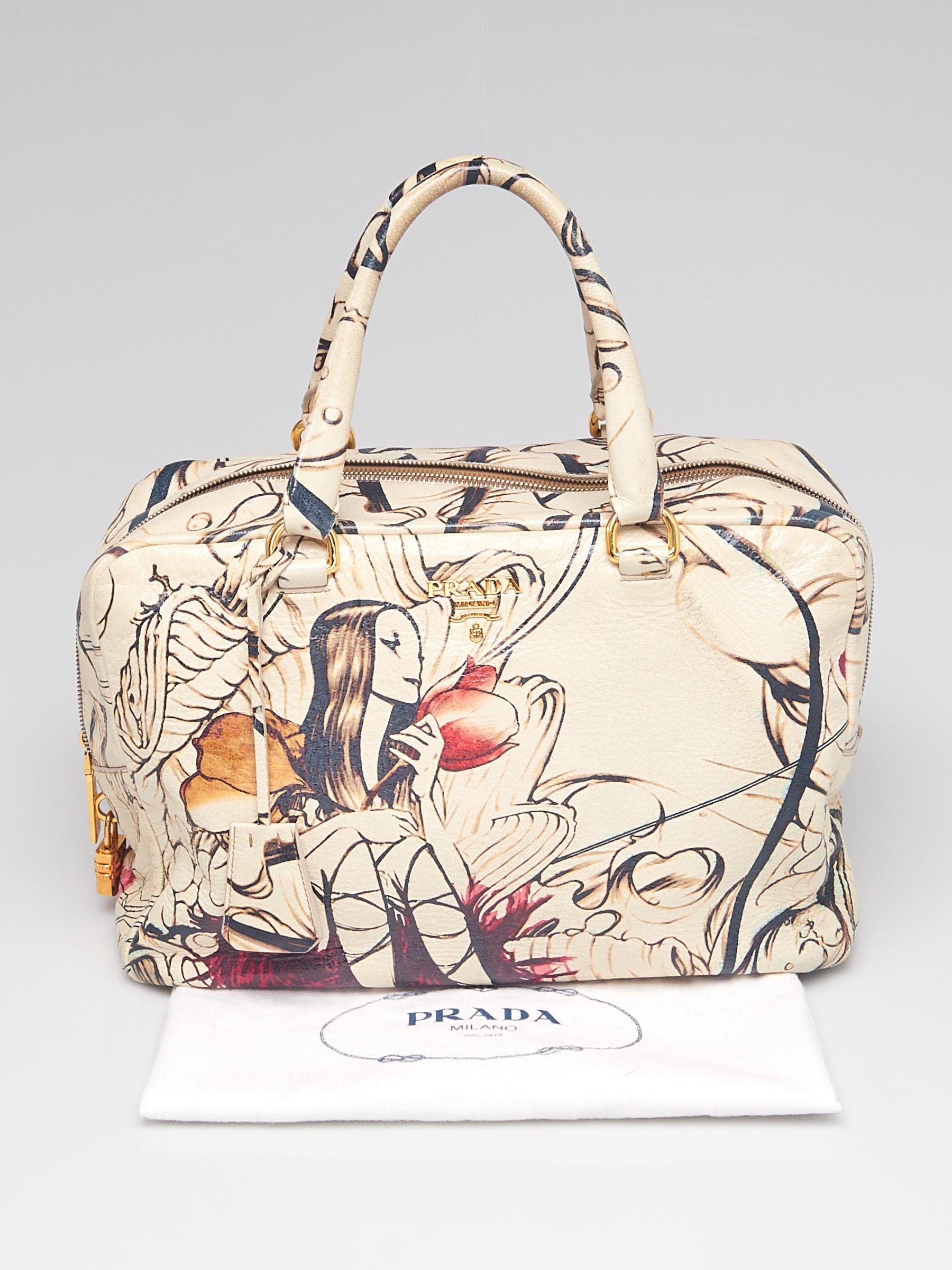 Prada Limited Edition Prugna Cervo Lux Leather Fairy Print Bauletto Bag  BL0515 - Yoogi's Closet