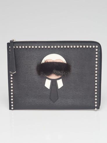 Fendi Black Saffiano Leather Karlito Flat Clutch Bag - 8M0370