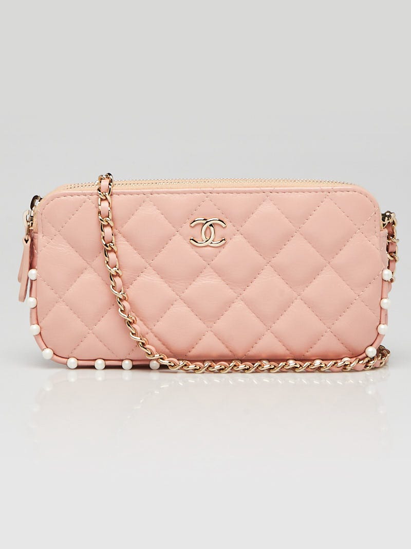 Chanel Pink Quilted Leather and Faux Pearl Clutch with Chain