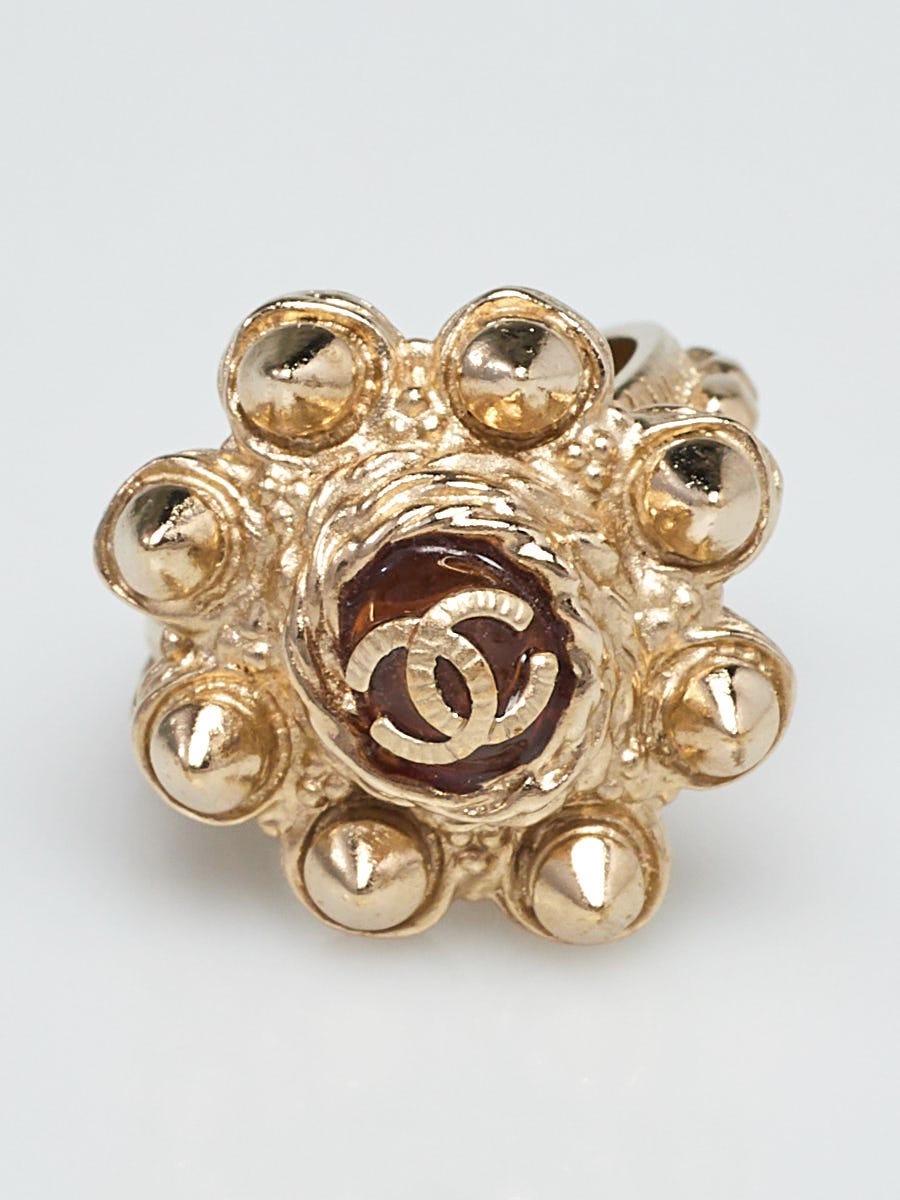 Chanel Goldtone Metal Studded CC Ring Size 6