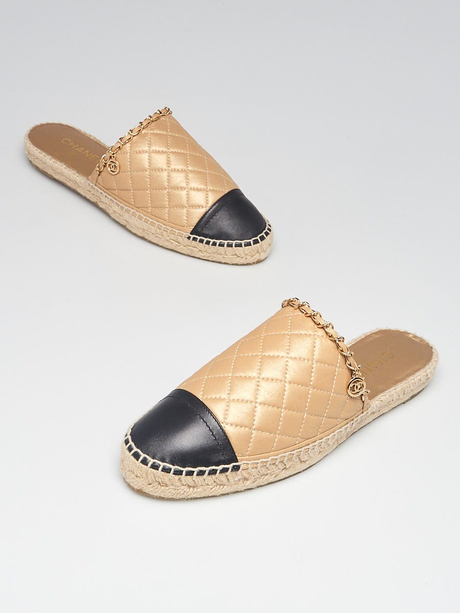 Chanel Gold/Black Quilted Leather Chain Espadrille Mule Flats Size 11.5/42  - Yoogi's Closet