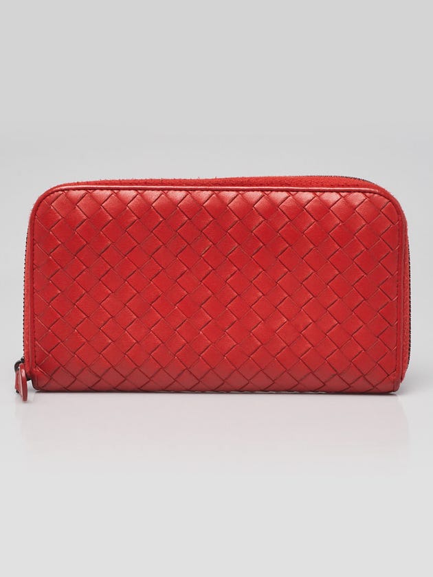 Bottega Veneta Red Intrecciato Woven Nappa Leather Zip Around Wallet