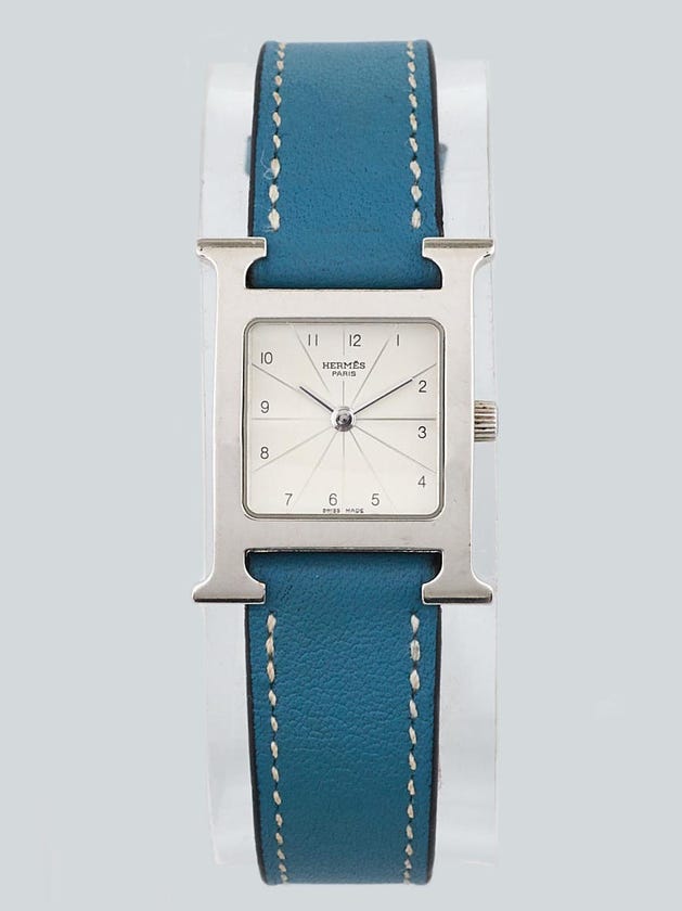 Hermes Stainless Steel and Blue Jean Swift Leather Heure H PM Quartz Watch-RS1. 205