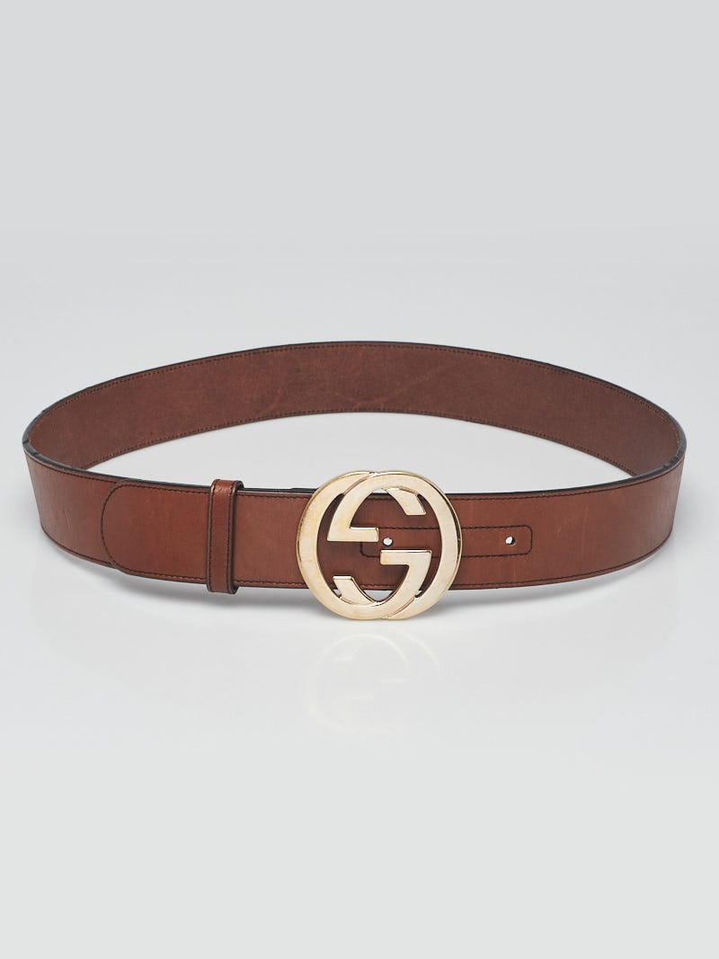 Gucci Brown Smooth Leather Interlocking G Studded Buckle Belt Size 90/36