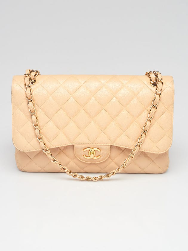 Chanel Beige Clair Quilted Caviar Leather Classic Jumbo Double Flap Bag