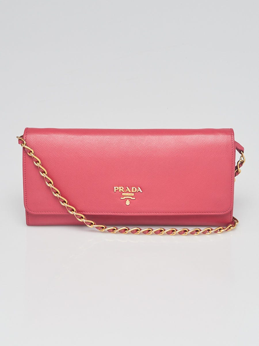 Prada Pink Saffiano Metal Leather Wallet on Chain Clutch Bag
