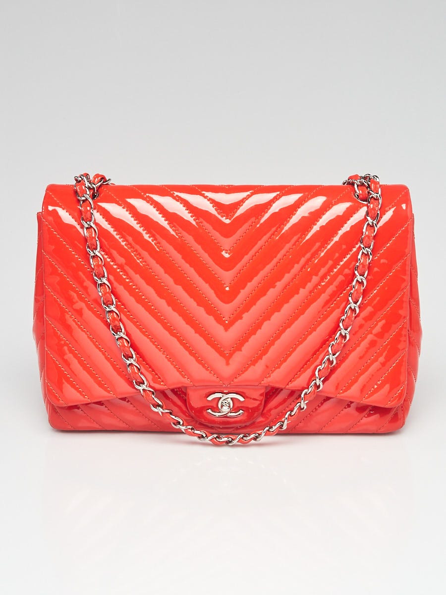 Chanel Orange Chevron Quilted Patent Leather Classic Maxi Single Flap Bag -  Yoogi's Closet