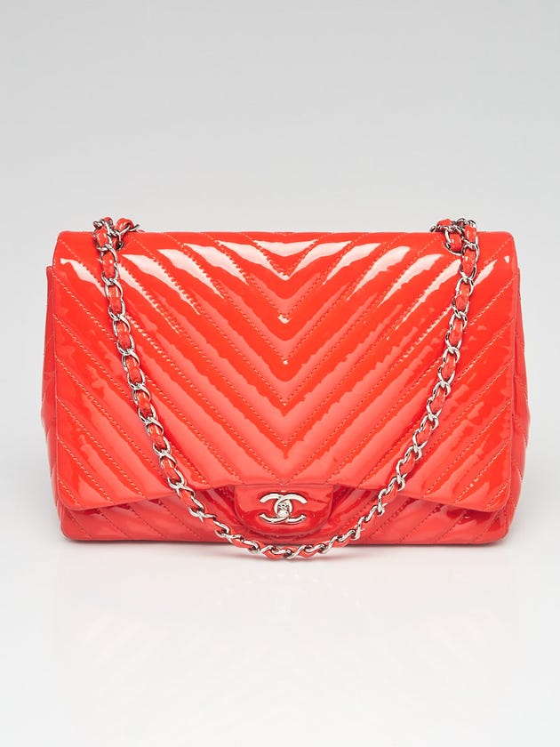 Chanel Orange Chevron Quilted Patent Leather Classic Maxi Single Flap Bag