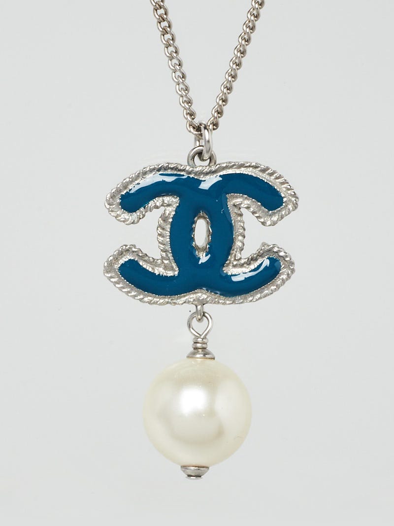 Chanel Turquoise Enamel CC and Faux Pearl Drop Necklace - Yoogi's Closet
