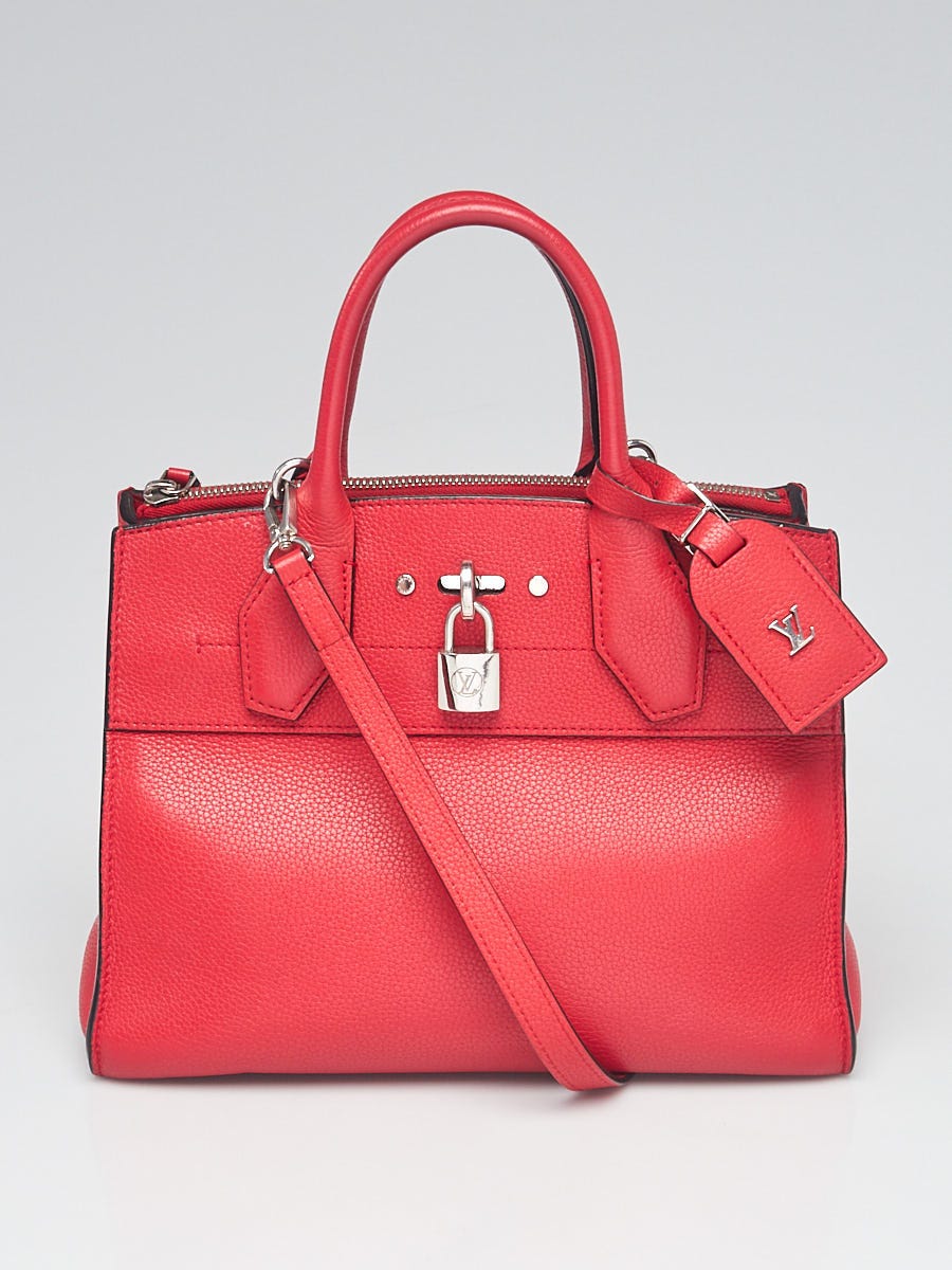 AUTH LOUIS VUITTON RED LEATHER CITY STEAMER PM TOP HANDLE TOTE LOCK BAG