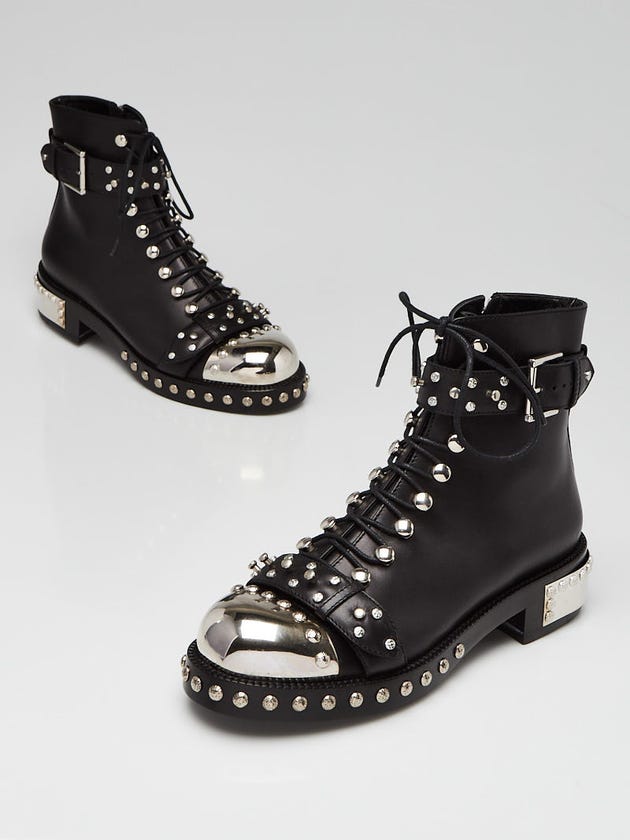 Alexander McQueen Black Leather Studded Ankle Boots Size 7.5/38