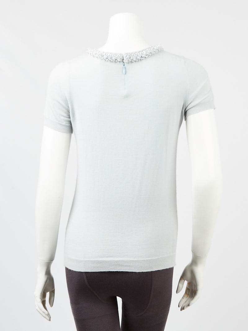 Louis Vuitton Light Blue Cashmere Rhinestone Collar Short Sleeve Sweater  Size M - Yoogi's Closet