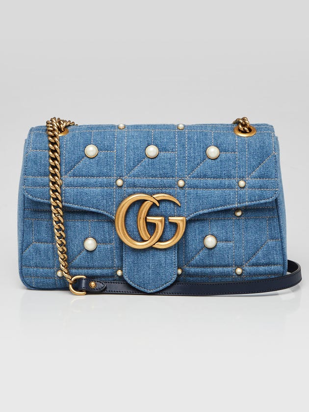 Gucci Blue Quilted Denim 2.0 Imitation Pearl Marmont Medium Shoulder Bag