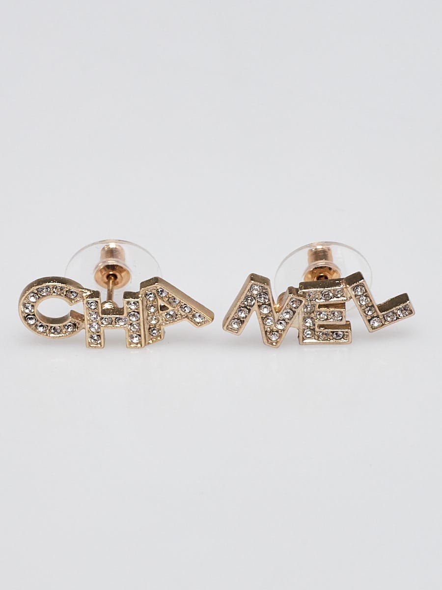 Chanel Gold Metal and Crystal Logo Letter Stud Earring - Yoogi's