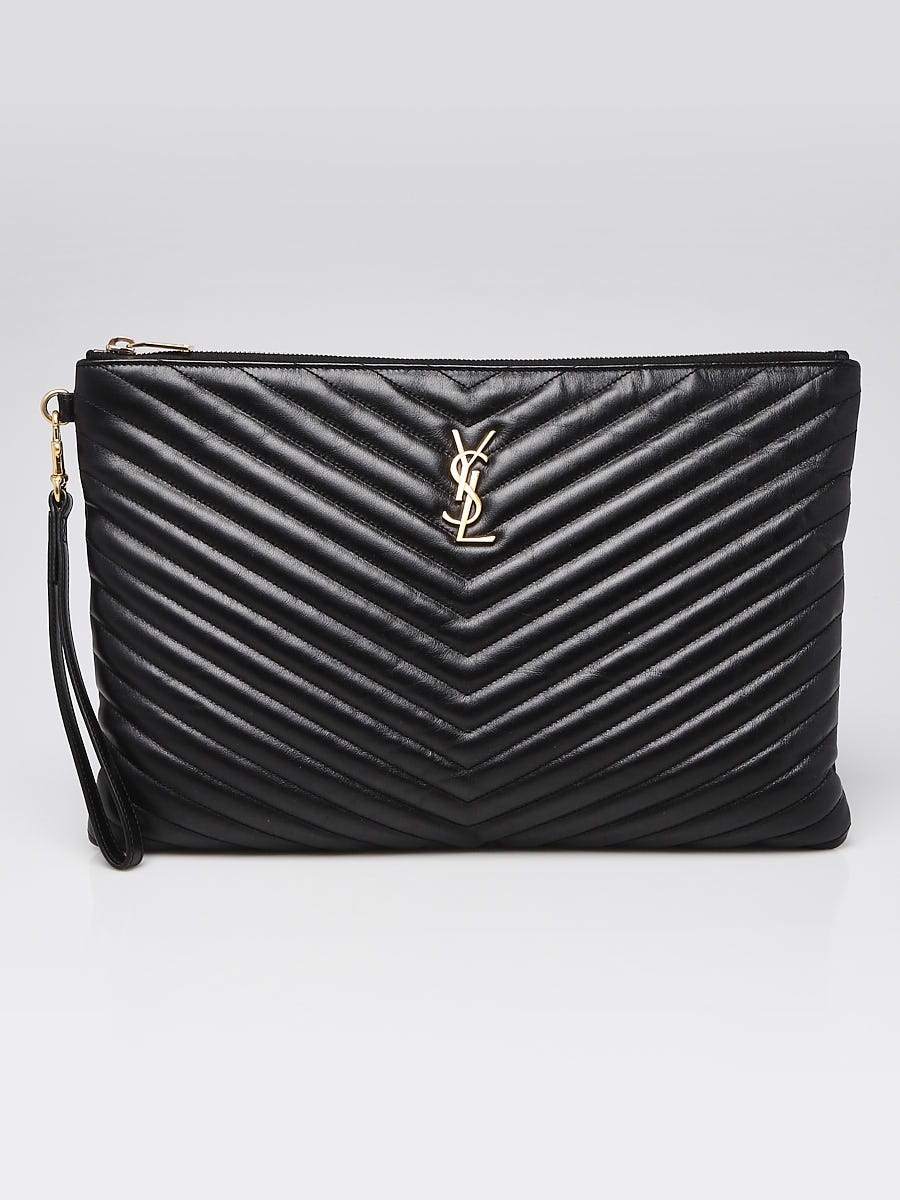 Yves Saint Laurent Black Matelasse Quilted Leather Monogram Pouch Wristlet  | Yoogi's Closet