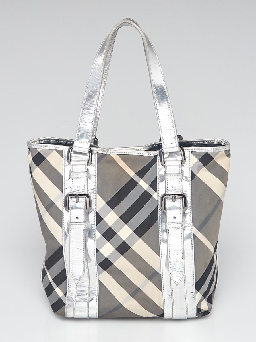 Authentic Burberry Patent Leather Beat Check Black Nylon Tote Bag