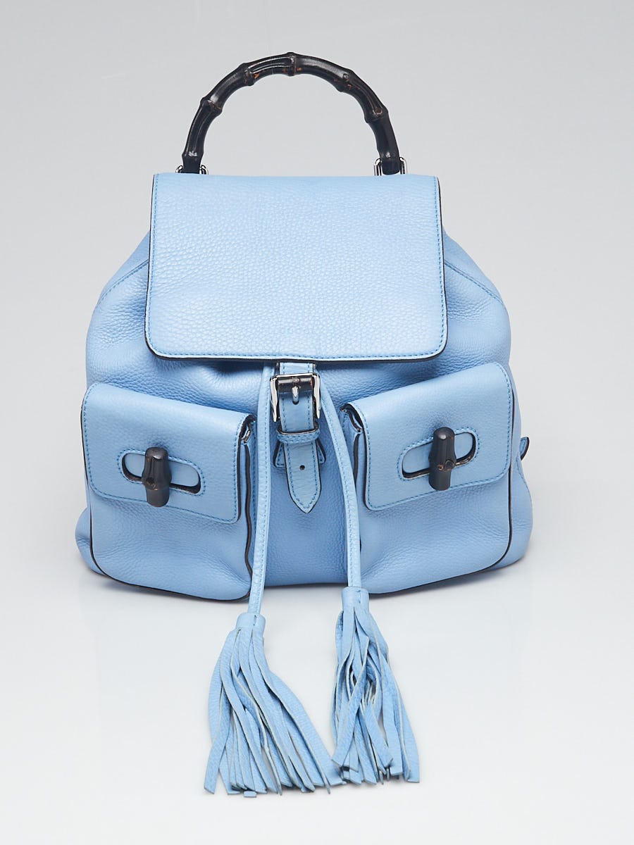 Gucci Light Blue Pebbled Leather Bamboo Backpack Bag | Yoogi's Closet