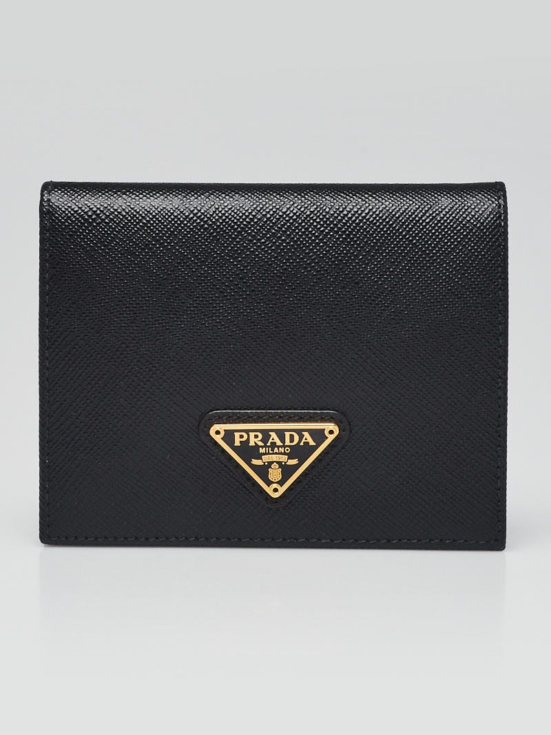 Black saffiano leather bi-fold wallet with studs