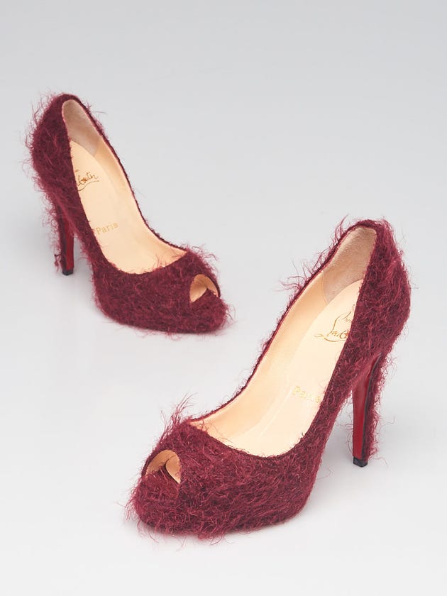 Christian Louboutin Berry Red Mohair Very Prive Peep Toe Pumps Size 5.5/36