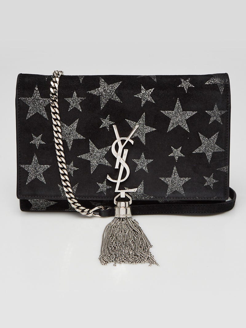 Yves Saint Laurent Black/Silver Suede Star Print Envelope Small Wallet on Chain  Bag - Yoogi's Closet
