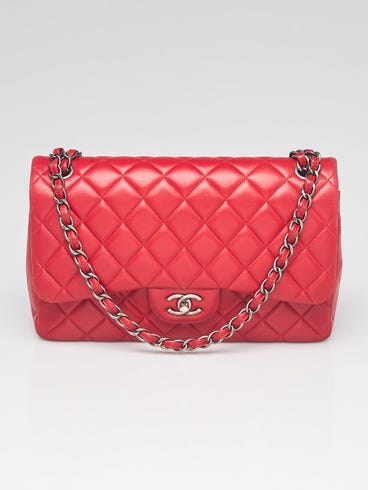 Chanel Red Quilted Lambskin Leather Classic Jumbo Double Flap Bag
