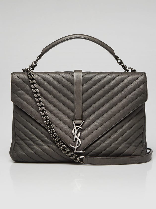 Yves Saint Laurent Grey Chevron Quilted Calfskin Leather Monogram Large College Bag
