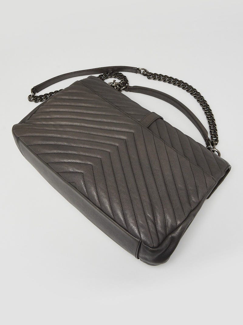 Yves Saint Laurent Grey Chevron Quilted Leather Monogram Medium College Bag  - Yoogi's Closet