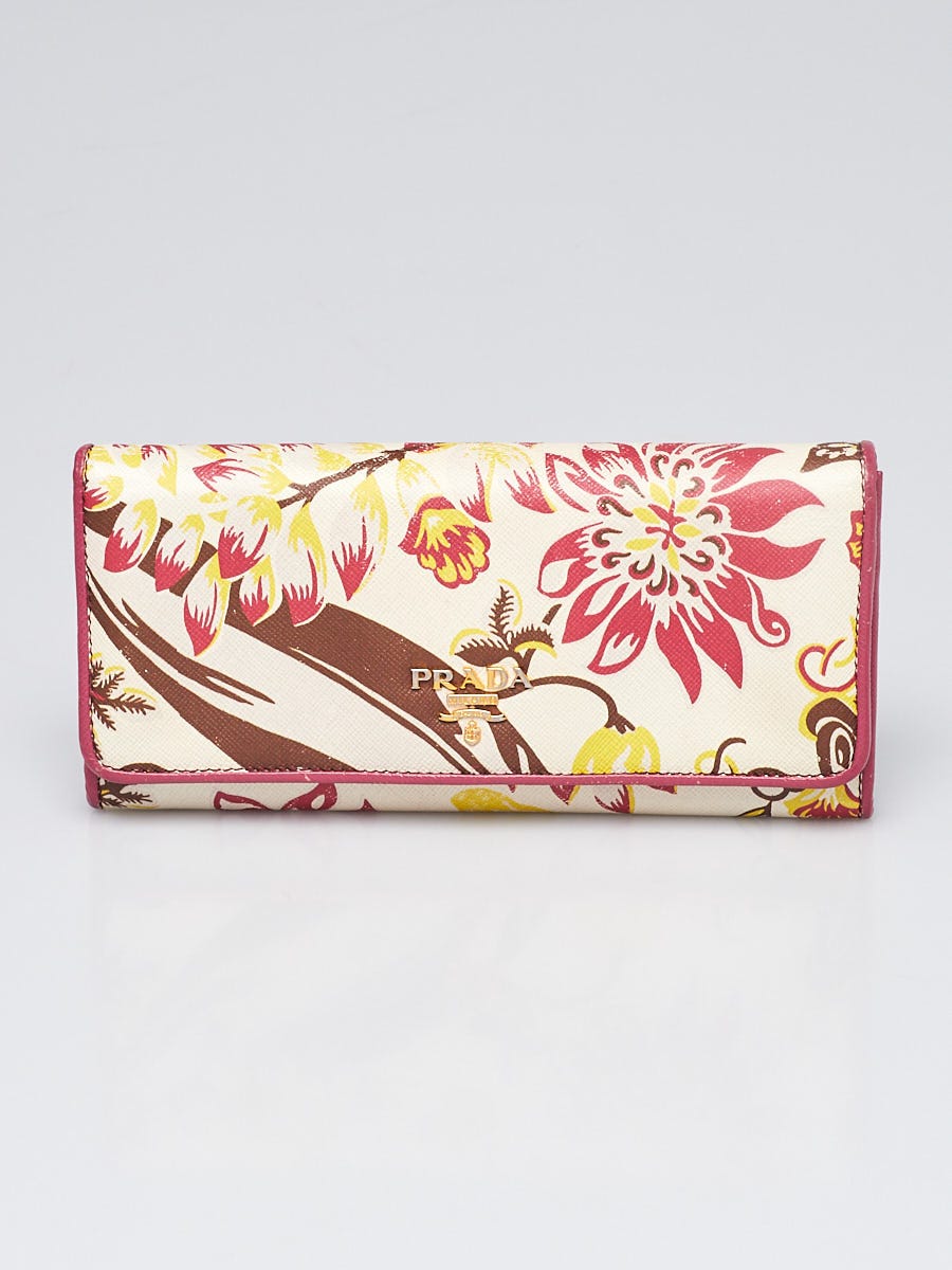 Prada White/Pink Saffiano Floral Print Leather Continental Wallet